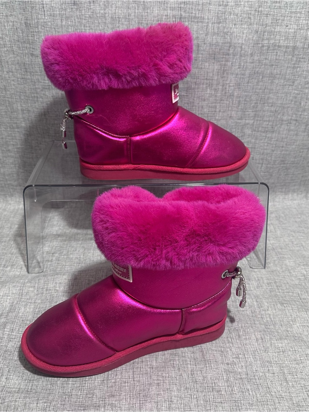 Juicy Couture Metallic Fuchsia Fur Cuff Ankle Boots